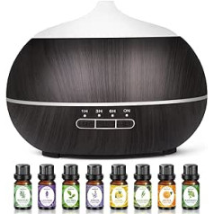 Aroma Diffuser eterinių aliejų drėkintuvas: 500 ml Ultragarsinis oro eterinių aliejų difuzoriaus rinkinys su 8 x 10 ml kvapiųjų aliejų kambario drėkintuvu Fragrance Humidifier Room Fragrance Wood purkštuvas kambariui