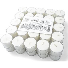 Pritogo Tea Lights with Plastic Case, White, Pack of 50, Diameter 3.8 x 2.5 cm, Soot-Free, Burning Time: 9 hours