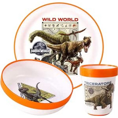 Jurassic World trīsdaļīgs Premium divu toņu vakariņu komplekts bērniem, šķīvis, bļoda un kauss, bez BPA