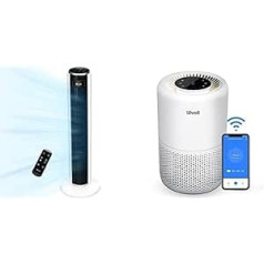 LEVOIT 28 dB Quiet Tower Fan with Advanced Sleep Mode, 7 m/s Fan with Remote Control + Levoit Air Purifier H13 HEPA Filter for Allergy Sufferers