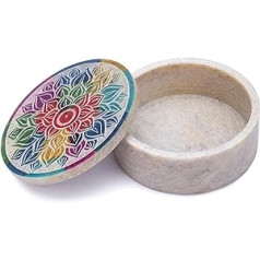 Ajuny Handmade Small Round Decorative Marble Soapstone Box with Mandala Carvings, Versatile for Jewellery Storage, Ring Holder, Jewellery Holder, Home Decoration, 3x3x1.2 Inch