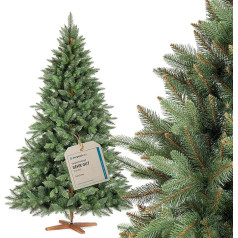 FAIRYTREES Nordmann Fir Premium mākslīgā Ziemassvētku egle, 180 cm, reālistiski iepildīti elementi, ražota ES, mākslīgā Ziemassvētku egle ar roku darba oša koka statīvu