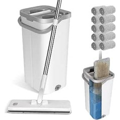 Masthome Mop Set with Bucket, Floor Mop Set with 10 Microfibre Pads and Long Stainless Steel Handle, Cleaning Bucket with Mop, Mop with Wring Function for All Floors, White