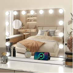 YU YUSING Hollywood Make-Up Mirror with Lighting, 58 x 45 cm, 15 Dimmable Large LED Light, Cosmetic Mirror, 3 Modes, Touch Control, Table Mirror, Wall Mirror, Bedroom Dressing Table, Rounded Corners