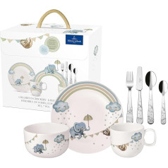 Villeroy & Boch Boho Kids Walk Like an Elephant bērnu trauku komplekts 7 gabali bērnu trauku komplekts Porcelāna un nerūsējošā tērauda trauku komplekts bērniem, droši mazgājams trauku mazgājamā mašīnā un mikroviļņu krāsnī,