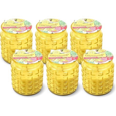 6 x Citronella sveces dzeltenā glāzē, 170 g katra, balts vasks, 9,5 x 7,5 cm, 120 stundu degšanas laiks, aromātiska svece, laterna, āra un dārza svētkiem, augstas kvalitātes vasaras rotājums lietošanai ārā