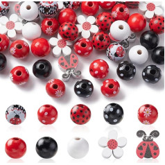 Stiesy 50 gab. 16mm Ladybird apaļas krelles sarkanas melnas polka dot koka starplikas krelles komplekts amatniecības rokassprādze kaklarota rotaslietas padarīt