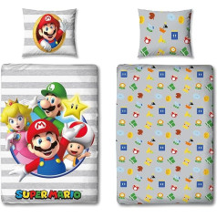 Vaikiškos patalynės komplektas Super Mario Grey 135 x 200 cm 80 x 80 cm 100 % medvilnė Luigi Yoshi Toad Peach Dvipusė patalynė