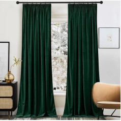 PONY DANCE Samta aizkari Living Room Short Thermal Curtain Heat Protection Ruffle Tape Set of 2 H 160 x W 132 cm aptumšojoši aizkari Velvet Dark Green (300 g/m²) Velvet Blackout aizkari Living