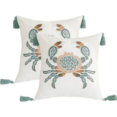 Tosleo Pack of 2 Boho spilvenu pārvalki ar pušķiem 45 x 45 cm Tropical Crab Decorative Embroidered Throw Cushion Covers Kokvilnas lina spilvenu pārvalks Dīvāna spilvenu pārvalks Āra dārzs Guļamistaba