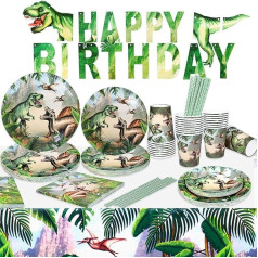 Raveparty Tableware Birthday Dinosaur Set Birthday Dinosaur Plates Birthday Dinosaur Napkins Tablecloth Paper Cups for Party Birthday Children