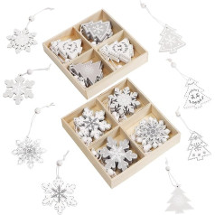 Belle Vous Nordic Christmas Tree Pendant Wooden Decoration Set (32 Pieces) - 8 Vintage Christmas Pendants Wooden Designs in Snowflake & Christmas Tree Shape - Christmas Tree Decoration Wood White &