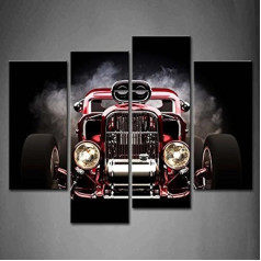 First Wall Art - Car Canvas Pictures Retro Red Car with Smoke on Black Background Wall Mural Poster 4 Panel Modern Decoration For Living Room, Office, Kitchen, Bathroom, Bedroom