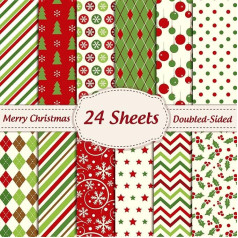 Whaline 12 Dizaini Ziemassvētku rakstu papīrs 24 lapu komplekts Merry Christmas Scrapbook Special Paper 12 x 12 collu kolekcija Green/Red Dekoratīvais amatniecības papīrs karšu izgatavošanai