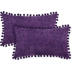 CaliTime 2 Pack Mājīgs vienkrāsains mīksts šenila spilvenu pārvalks ar pomponiem dīvāna mājas dekoram 30x50cm violets