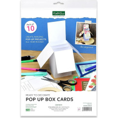 Katy Sue White Pop Up Cards (tuščios kortelės, paruoštos dekoruoti) - 10 vnt., 300 gsm, iškirptos kortelės, paruoštos surinkti, sulankstomos plokščiai ir tinkamos siuntimui