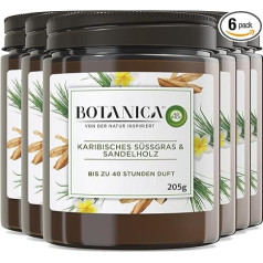 Botanica by Air Wick 6 x aromātiskās sveces stiklā - līdz 40 stundām uz vienu sveci - aromāts: Saldā zāle un sandalkoks - ilgtspējīgi ražots no dabīgām sastāvdaļām - 6 x 205 g sveces stiklā