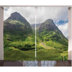 Abakuhaus Scotland Rustic aizkars, Glencoe Highlands Clouds, guļamistabas aizkars ar rūtīm un āķīšiem, 280 x 260 cm, papardes zaļš, balts