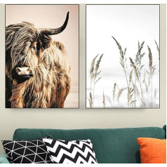 VTRXEG Highland Cow Canvas, Modern Nordic Highland Cow Art Prints Plakāts, dzīvojamā istaba, guļamistaba, sienas Dekoratīvie attēli, bez rāmja (A, 2 x 50 x 70 cm)