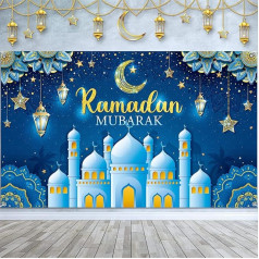 Ramadan Mubarak fona dekorēšana Musulmaņu fona banera fons Ramadan Kareem fons Eid Mubarak fons mājas musulmaņu Ramadan Eid Al Fitr ballīšu piederumi (zils)