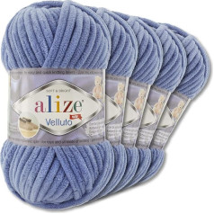 Wohnkult Alize 5 x 100 g Velluto Premium Wool 30 Selection Chenille dzija Velvet Wool Amigurumi segas Accessore Apģērbi DIY (374 | Denim)