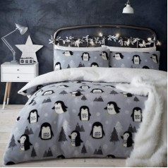 Catherine Lansfield Cosy Penguin Fleece King sega ar spilvendrānām, pelēkā krāsā