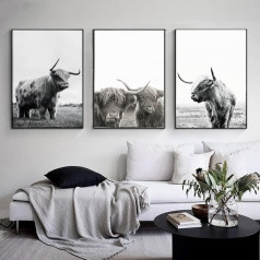 LXTOPN Funny Highland Cow Wall Art Plakāts Pictures, melnā un baltā audekls attēlu, lauku stils sienas bildes dzīvojamā istaba, guļamistaba dekori, bez rāmja (3 x Cow-1, 50 x 70 cm x 3)