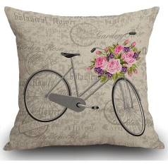 Smooffly Grey Bicycle Cushion Cover ar grozu, kas pilns ar ziediem Vintage Cushion Cover 18x18 lina kvadrātveida dzīvojamā istaba dīvāns dīvāns gulta spilvens Cover 18x18 collu