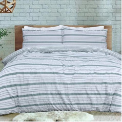 Sleepdown Striped Seersucker Reversible Duvet Cover Set Soft Easy Care King Duvet Cover 230x220cm Green/White