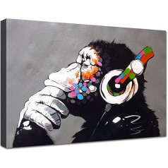 canvashop Modern Pictures for Living Room 50 x 35 cm Banksy Monkey DJ Bansky Street Art Gorilla Monkey Dj Canvas Wall Art