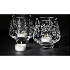 DIAMANTE 2 x Hand Etched Floral Votive Holders - Premium Tea Lights Included