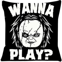 Pludmales pieturas Chucky šausmu filma biedējošs citāts izkaisīt spilvenu pārvalks | unikāls mājas apdare Inspo dāvanu ideja | 18x18 collas | Chucky Wanna Play