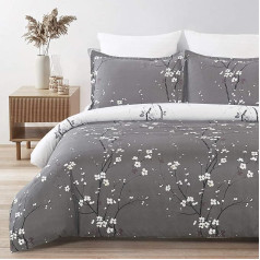 YEPINS Soft Brushed Microfiber Duvet Cover Set with Zip and Corner Tie, Plum Blossom Branch Grey and White Reversible Design King Size 267 x 228 cm