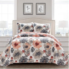 Lush Decor Leah Reversible Duvet Cover Set, 3 gabali, King, Coral and Grey, burvīgs ziedu gultasveļas komplekts, lieli ziedoši akvareļu ziedi