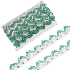 QUARKZMAN 10 jardų Sequin Beads Lace Trimmed 1,5 colio Rag Braid Trimmed Strips for Crafts Embellishments Costume Green Silver