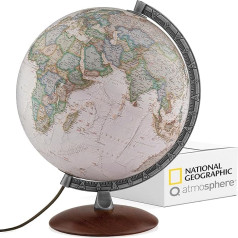 Q atmosphere® National Geographic Verve Executive Antique Globe - 30 cm globuss ar politiski-fizikālo kartogrāfiju vācu valodā, apgaismots, ar rotējošu koka pamatni un metāla meridiānu