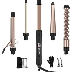 Curling Iron 5 in 1 PARWIN PRO BEAUTY Multifunctional Interchangeable Curling Iron Large and Small Kit with Ceramic Tourmaline and 140-230°C Adjustable Temperature with LCD Display Rose Gold