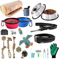 Aonesy Puppy Starter Kit, 24 gabalu suņu piederumu komplekts, suņu sākumkomplekts, ieskaitot suņu rotaļlietas, suņu segu, suņu apmācības piederumus, suņu kopšanas piederumus, suņu pavadas, barošanas un dzirdināšanas piederumus.