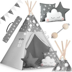 NUKIDO Bērnu teepee telts kokvilnas koka rāmis Burvīgs dizains Attīstības veicināšana Viegli tīrāms 120 x 120 x 165 cm Virtenes Lights Grey