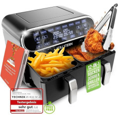 Stillstern Dual Hot Air Fryer 1-8 Pers [2 x 4 = 8L], 2400 W, 80-200 °C, Stillstern izstrādāta kratīšanas funkcija, vienāds gals, 120 recepšu [vācu valodā], 8 programmas, dehidratācija, atkausēšana, atkausēšana un siltuma saglabāšana, gaiss