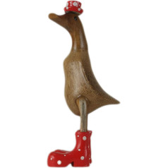 ART-CRAFT Wooden Duck Running Duck Garden Decoration Figure Made of Bamboo Root and Teak Wood with Boots and Hat Red 25 cm High