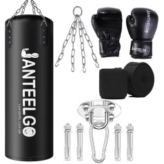 JanTeelGO Punch Bag piekaramais tips un nepiepildīts Punch Bag pieaugušo 100 cm izturīgs PU āda ar montāžas ķēdi un griestu āķi vīriešiem sievietēm pusaudžiem MMA kikboksa Muay Thai karatē melns