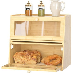 uyoyous Bamboo Bread Bin for Bread Storage, Removable 2 Tier Bread Storage Container with Visualisation Acrylic Door, Bread Container for Crunks, Rolls, Bread Storage, Easy Assembly