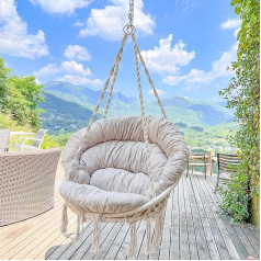 Hanging Chair with Cushion, Handmade Macrame Rocking Chair with Fittings, Bohemian Style Cotton Rope Hanging Chair for Indoor and Outdoor Use, Beige