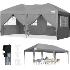 FINFREE Gazebo Party Tents 3 x 6 Ūdensnecaurlaidīga stabila saliekamā lapene 3 x 6 m ar 6 sānu sienām Pop-Up dārza lapene ar pārnēsājamo somu āra ballītei, kāzām, festivālam, UV 50+, pelēkā krāsā