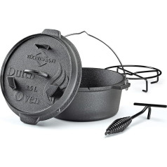 Küchenprofi BBQ Dutch Oven čuguna cepeškrāsns, 3,5 l, diametrs 24 cm, bez kājiņām, gatavs čuguna katls ar vāku pacēlāju, piemērots grilam, ugunskura krāsnīm, visu veidu plītīm (ieskaitot indukcijas) un krāsnīm