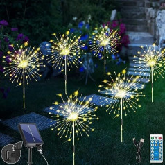 RJEDL Solar Plug Garden Lights, Pack of 6 Solar Fireworks Lights, 8 apgaismojuma režīmi ar tālvadības pulti, 3 spilgtuma režīmi, āra ūdensizturīgs DIY uguņošanas lampas celiņa pusei pagalma dekorēšanai