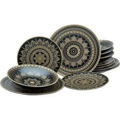 CreaTable, 23588 Mandala Gold Series - Black, 12 gabaliņu trauku komplekts, keramikas trauku komplekts, droši mazgājams trauku mazgājamā mašīnā un mikroviļņu krāsnī, kvalitatīva produkcija