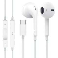 USB C austiņas, vadu In-Ear C tipa austiņas ar iebūvētu mikrofonu un skaļuma regulēšanas funkciju, HiFi Stereo austiņas, saderīgas ar iPhone 15/Samsung Galaxy S23/iPad Pro/Google Pixel