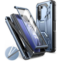 i-Blason Armorbox korpuss Samsung Galaxy Z Fold 5 (2023) ar pildspalvas turētāju un 3 silikona pildspalvu vāciņiem, izturīgs mobilā tālruņa korpuss ar iebūvētu ekrāna aizsargu un statīvu (zils)